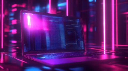 A laptop with glowing screen displaying code in a futuristic setting.