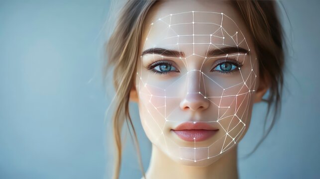 A young woman with a futuristic facial recognition grid superimposed over her face, staring directly at the camera.