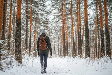 Winter forest bathing, connecting with nature. Adventure Solo Hiker in Snowy Pine Forest Trail