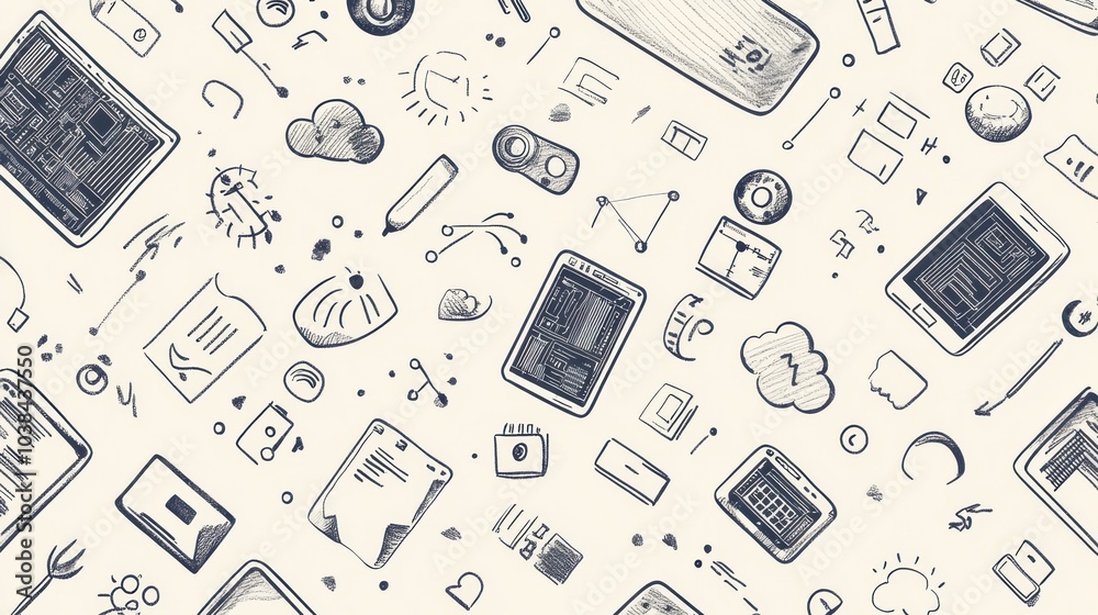 Aufkleber a collection of hand-drawn doodles featuring technology items including computers, smartphones, codi