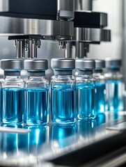 Close-up of glass vials filled with blue liquid, undergoing automated processing in a laboratory setting. Clean, modern design highlighting precision.