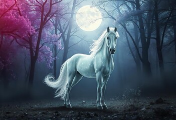 Naklejka premium magical unicorn magical horse unicorn in a magic garden
