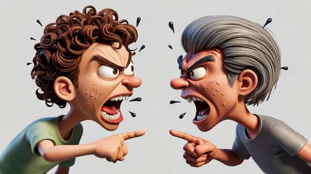 Two characters argue. The left has brown hair, green clothes. The right has gray hair, gray shirt. Both have open mouths, point angrily. The white background shows them.