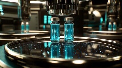 Close-up of two glass vials containing blue liquid, placed on a reflective surface in a futuristic laboratory setting.