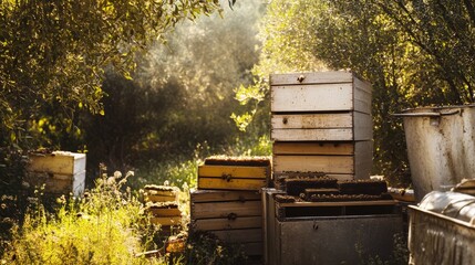A serene beekeeping apiary with buzzing hives and protective gear, Beekeeping tools arranged for honey extraction, Classic photo of