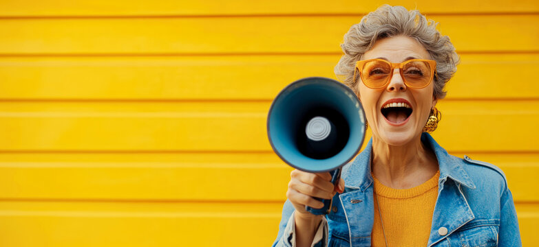 Joyful middle aged woman in denim jacket shouting into megaphone announcing discounts and sales, on yellow background with copy space. Concept of global shopping day, black friday, rush, news