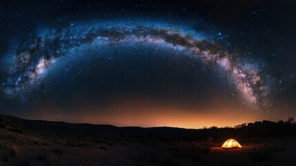 Naklejka premium The Milky Way galaxy arching over a remote campsite, with a tent glowing softly under the blanket of stars.
