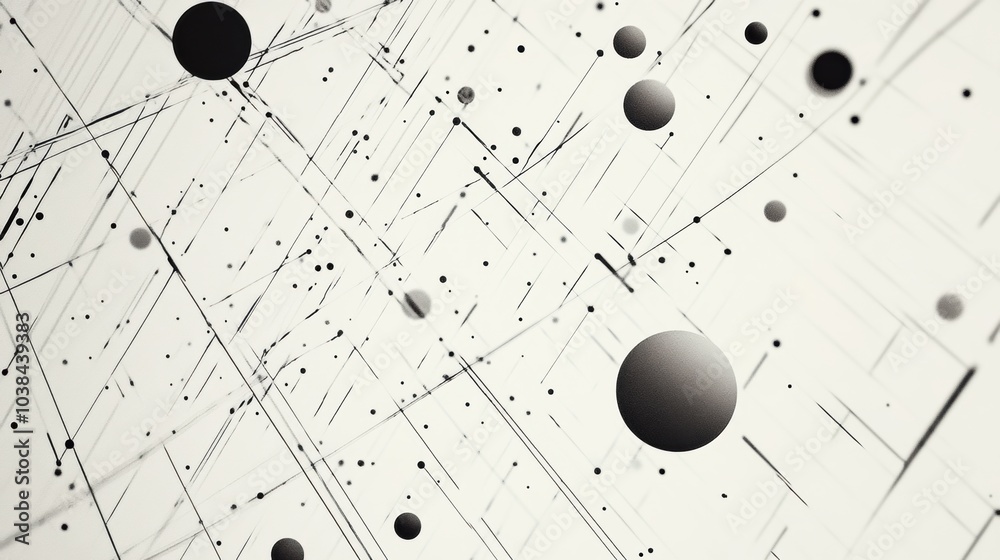 Poster Scattered circles of different sizes create an engaging abstract geometric pattern on a diagonal line grid, enhancing visual depth. Generative AI