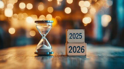 An hourglass and wooden blocks with the numbers 2025 and 2026, symbolizing the passage of time and the transition to a new year.