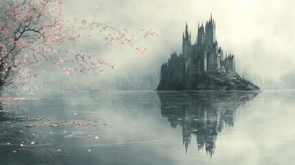 Fototapeta premium Castle reflected in a calm lake, petals slowly drifting across the surface, Fantasy, Sketch, Pencil drawing, Minimalist style, Romantic feel