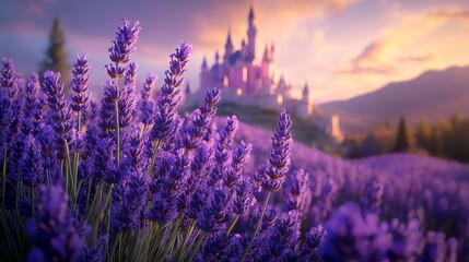 Fototapeta premium Lavender flower blooming in the foreground, soft focus, a distant pink fairytale castle shimmering under twilight, blending dreamlike elements