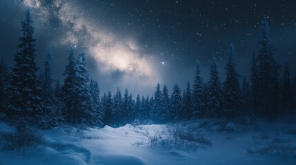 Fototapeta premium The night sky over a winter forest, with stars and the Milky Way galaxy casting a soft glow on the snow-covered ground.