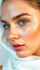 closeup portrait of beautiful younf woman with glowing skin beauty cosmetic fashion concept dynamic modern pose vertical format