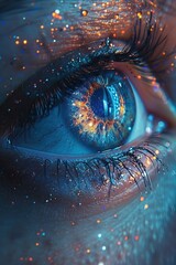 A close-up of a vibrant, sparkling eye with cosmic elements and colorful reflections.