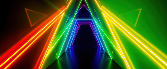 neon rainbow light beams in dark futuristic triangle shapes glowing digital abstract art