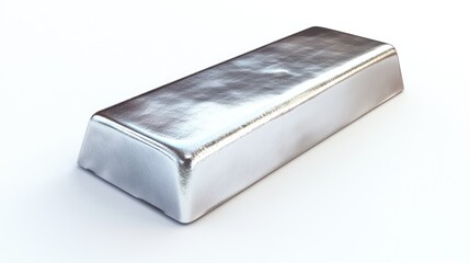 A gleaming silver ingot lying isolated on a white background, highlighting its smooth, shiny surface.