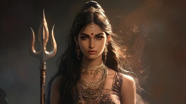 Powerful Goddess Parvati Depicted with Trident Embodying Hindu Mythology