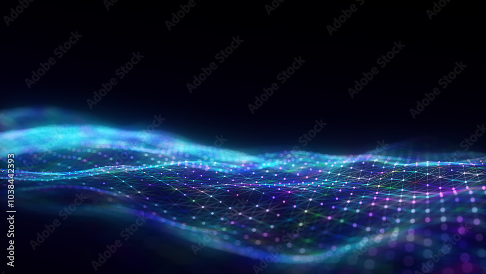 Poster Wave of particles and lines. Big data visualization. Abstract color background with a dynamic wave. 3d rendering.