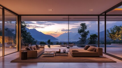 Fototapeta premium A luxurious modern home with large glass windows, framed by a twilight sky and mountain views, blending luxury with nature.