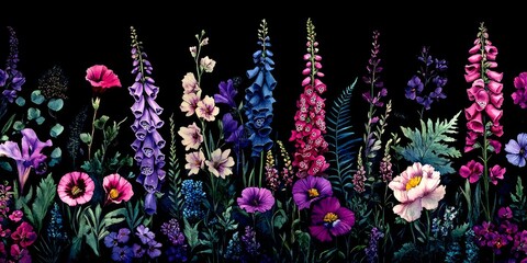 A stunning array of colorful flowers against a black background captures the beauty of nature. This vibrant floral design brings energy and life to any project or space. AI