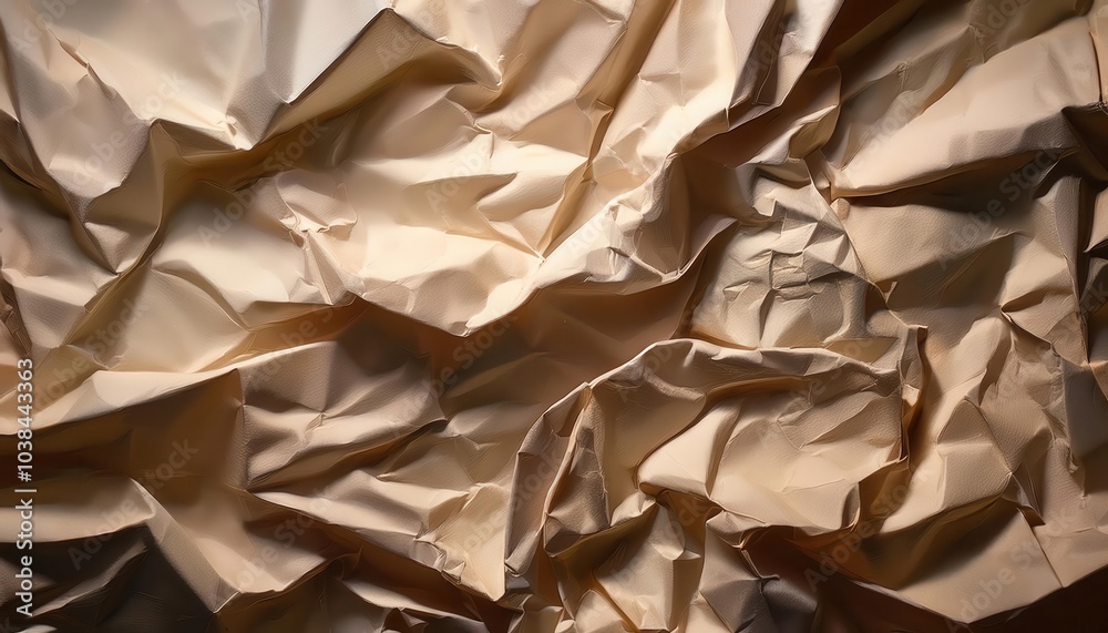 Poster textured beige crumpled paper background. abstract wrinkled surface with light and shadow play, idea