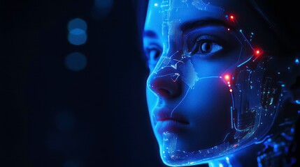 A woman's face is illuminated with a futuristic, digital overlay of lines and glowing lights.