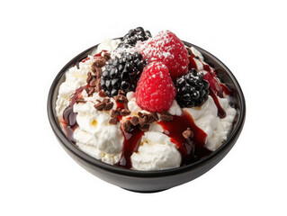 Berrylicious Delight: Indulge in a decadent dessert of creamy whipped topping, adorned with fresh raspberries and blackberries, drizzled with a rich chocolate sauce.