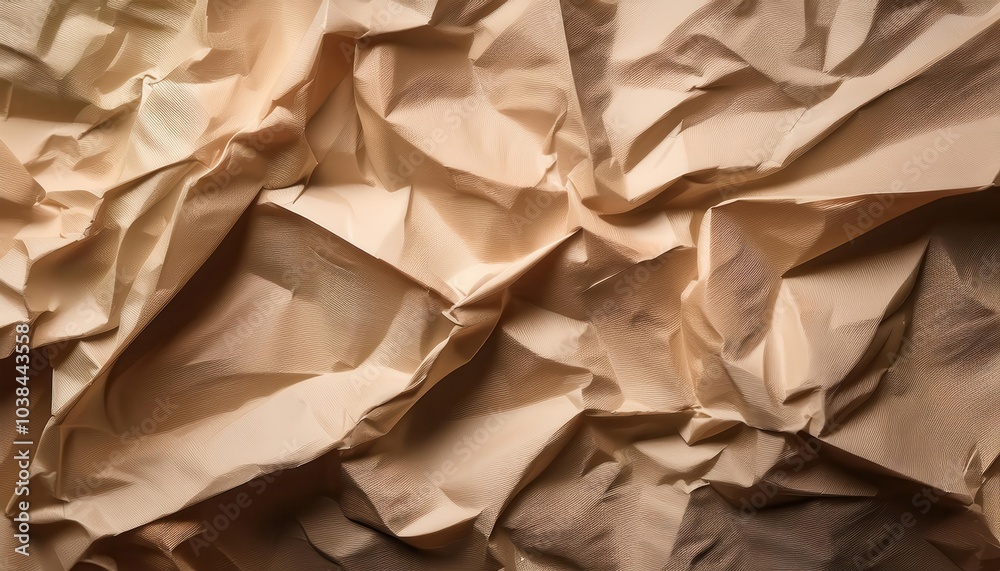 Poster textured beige crumpled paper background. abstract wrinkled surface with light and shadow play, idea