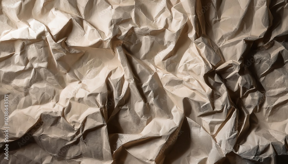 Poster textured beige crumpled paper background. abstract wrinkled surface with light and shadow play, idea