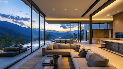 Fototapeta premium A modern luxury home with large windows, overlooking a breathtaking mountain view at twilight, blending design with nature.
