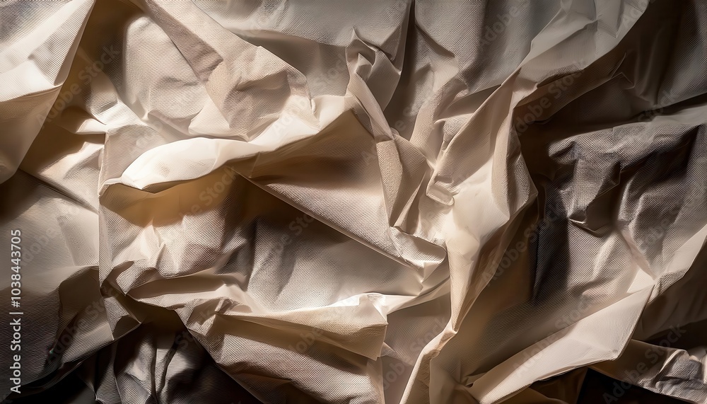 Poster textured beige crumpled paper background. abstract wrinkled surface with light and shadow play, idea