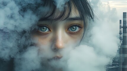 A young woman’s face emerges from heavy smog, symbolizing the human cost of industrial air pollution. Generated AI.