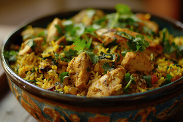 Fototapeta premium An aromatic bowl of biryani with saffron rice, tender chicken, and fresh herbs, served in an ornate dish.