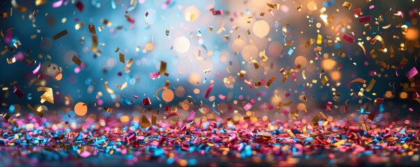 Vibrant confetti bursts in colorful excitement, creating a dynamic, festive scene. Ideal for New Year's Eve, birthday parties, graduation, anniversary, grand opening or other celebrations and events