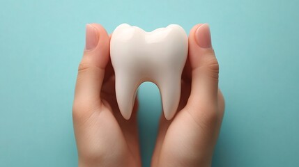 Dentist's hands carefully holding healthy white tooth model on a soft blue background representing the importance of dental care A health dental care concept with tools subtly visible nearby