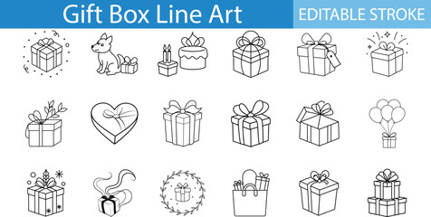 Fototapeta premium Gift Box Line Art Icons Editable Stroke Set