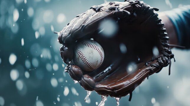 A close-up of a baseball player’s glove catching a fast-moving ball, the moment frozen as the leather stretches
