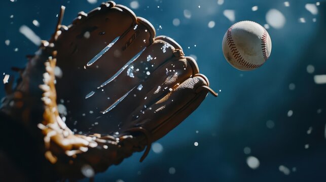 A close-up of a baseball player’s glove catching a fast-moving ball, the moment frozen as the leather stretches - Powered by Adobe