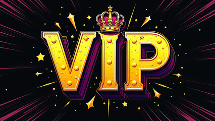 the inscription VIP in gold letters on a black background, premium VIP card with gold elements and crown