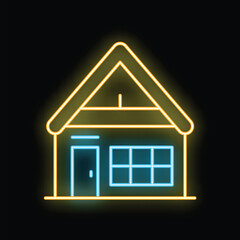 Glowing neon line house icon isolated on black background, vector illustration