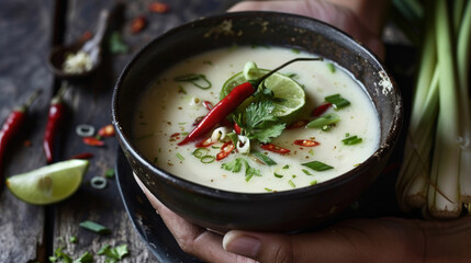 An elegant presentation of tom yum soup, garnished with lemongrass, chilies, and lime, placed on a dark wooden table.