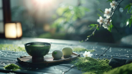 An elegant scene of matcha tea and wagashi sweets placed on a tatami mat, reflecting Japanese harmony in food and culture.