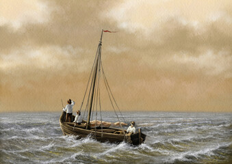 Fishing boat on the sea, paintings sea landscape, fine art