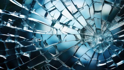 Shattered Glass. High-Resolution Macro Close-Up of a Cracked Glass Surface Capturing Sunlight and Reflection, Symbolizing Fragility, Breakage, and the Concept of Imperfection or Disruption