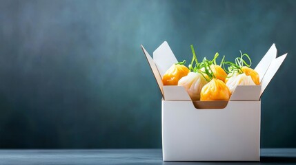 Steamed dumplings with vibrant yellow filling in a takeout box.
