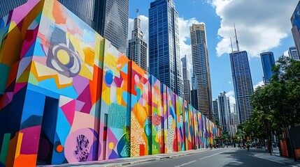 Vivid street art splashed across a concrete wall beneath sleek glass skyscrapers, capturing the dynamic contrast of urban artistry and modern architecture