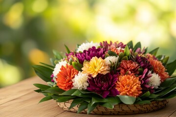 Fototapeta premium Vibrant bouquet with assorted chrysanthemums on a wooden surface.