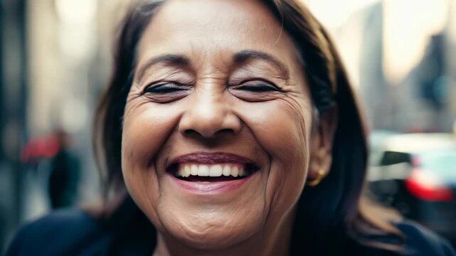 Close-up video of a middle-aged woman with laugh lines expressing quiet amusement in soft, diffused light, static camera