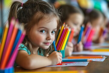 Youngsters are writing with colorful pencils. Generative Ai