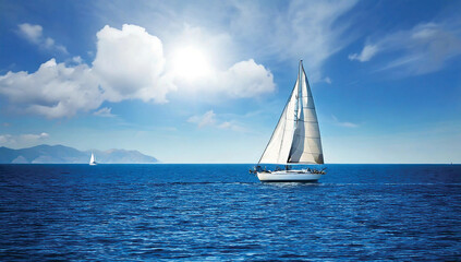Fototapeta premium Panorama of the blue ocean with reflections of the sun. Vast sea ripples and calm sea with sunshine and sailboats